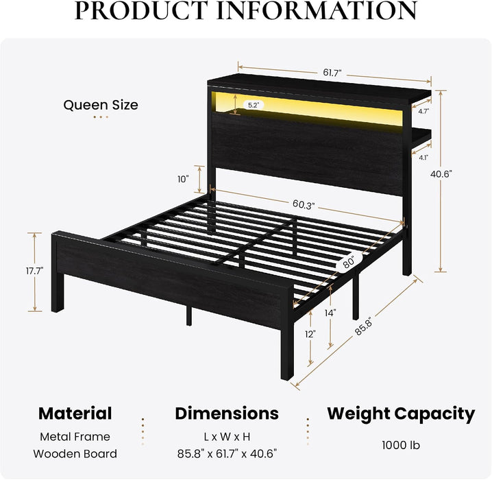 Queen Bed Frame, 2-Tier Storage Headboard, LED, Charging Station