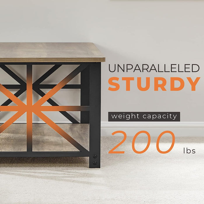 Coffee Table for Living Room with round Corners Farmhouse Style Center Table with Storage Shelf 39 Inch Space Saving Easy Assembly Gray Wash