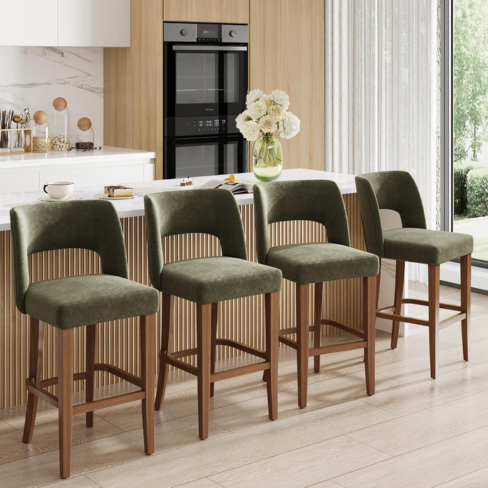 26 Inch Green Linen Bar Stool Set of 2 with Wooden Legs | Linen Fabric, Wood Legs, Ergonomic Barstools with Backrest , for Kitchen Island, Dining Room, Bar