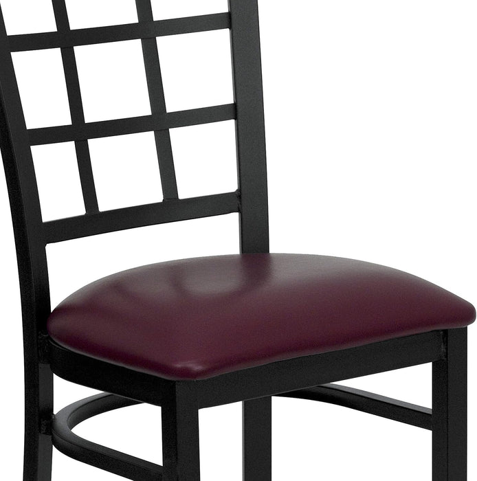 HERCULES Series Black Window Back Metal Restaurant Chair - Burgundy Vinyl Seat