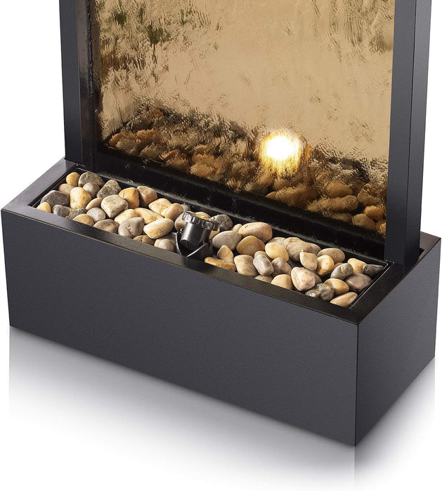 72" Tall Indoor/Outdoor Mirror Waterfall Floor Fountain, LED Lights & River Stones, Elegant Bronze Finish for Home, Office, Patio & Entryway Decor