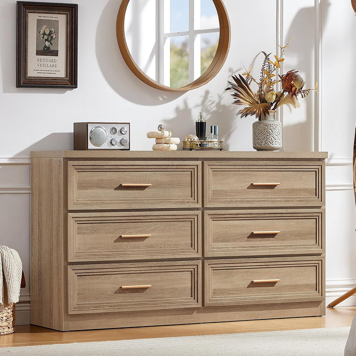 55.1" Wide Farmhouse 6 Drawers Dresser for Bedroom, Oak
