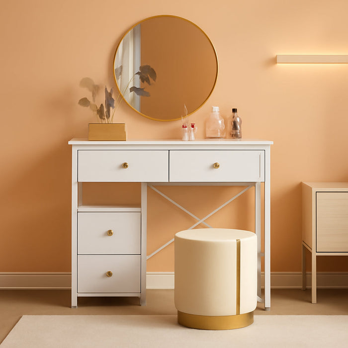 White Vanity Desk without Mirror, Small Makeup Desk with 4 Fabric Drawers, 33.5 Inches Dressing Table with Storage, Vanity Table for Bedroom with Hook, White