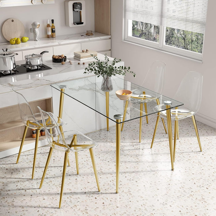 Clear Dining Chairs Set of 4, Modern Kitchen Chairs with Transparent Seat, Acrylic Accent Side Chairs with Plating Metal Legs for Dining Room, Kitchen, Living Room with Gold