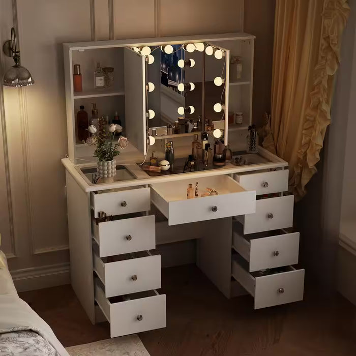 White Makeup Vanity Desk 9-Drawers Wood Dressing Table with 3 Mirrors, Glass Top, Hidden Storage Shelves, LED Bulb Light