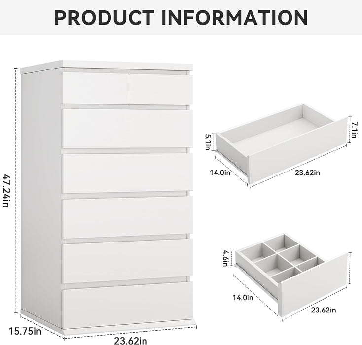 White Tall 7 Drawer Dresser for Bedroom, Modern Wood Closet Dressers & Chests of Drawers with Jewelry Storage, 23.6" L*15.8" W*47.5" H in Large Vertical Dresser for Bedroom, Living Room, Nursery