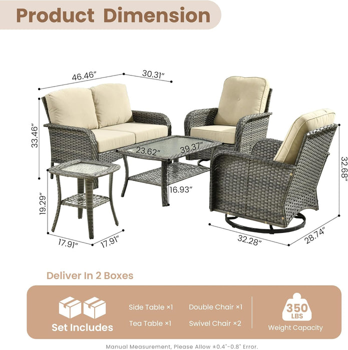 Patio Furniture Set,5 Pieces Outdoor Conversation Set,All Weather Wicker Loveseat Sofa Set with High Back Swivel Rocking Chairs Tables,Beige