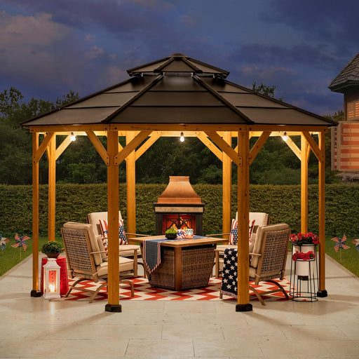 Ion Collection 13 X 13 Ft. Cedar Framed Octagon Wood Gazebo with Brown Double Tiered Steel Hardtop Roof and Ceiling Hook for Garden, Backyard Shade