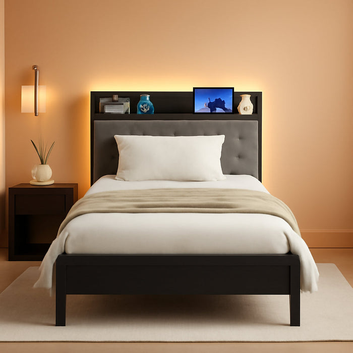 Bed Frame Twin Size with Charging Station and LED Lights, Upholstered Storage Headboard with 4 Drawers, Heavy Duty Metal Slats, Noise Free, Easy Assembly, No Box Spring Needed
