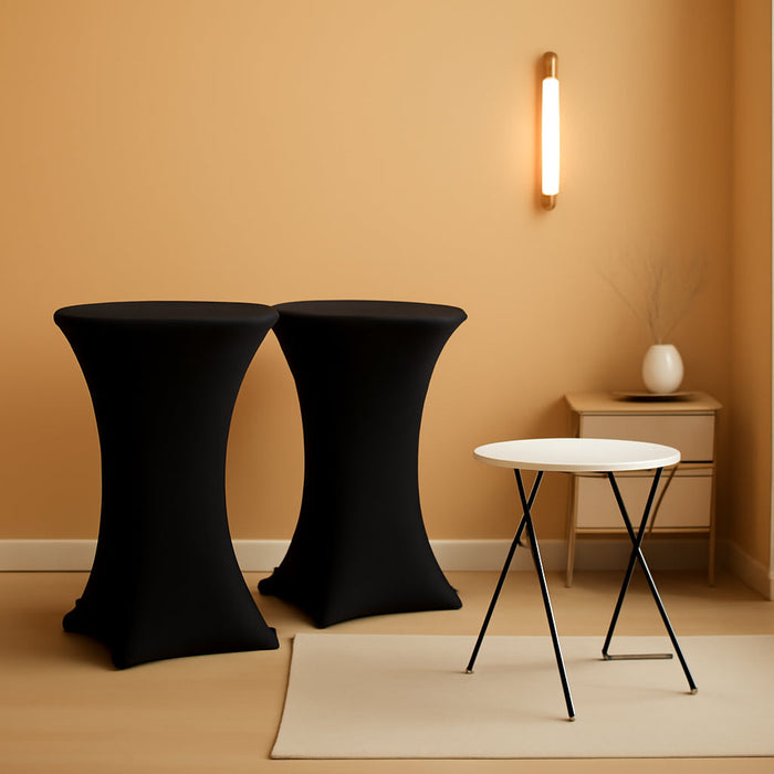 2 Sets 32In High Top round Folding Cocktail Table Indoor Outdoor Parties Bbqs Weddings Events White Bar Height Tables with 32"X43" Spandex Stretch Black Table Covers