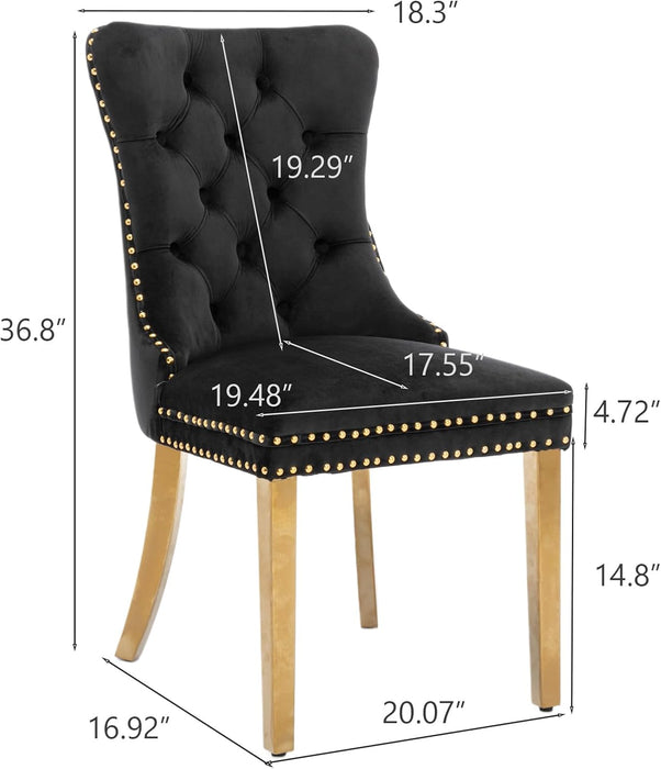 Velvet Dining Chair Set of 2, Upholstered Tufted Dining Room Chair with Nailhead Trim and Stainless Steel Gold Plated Leg for Kitchen, Black