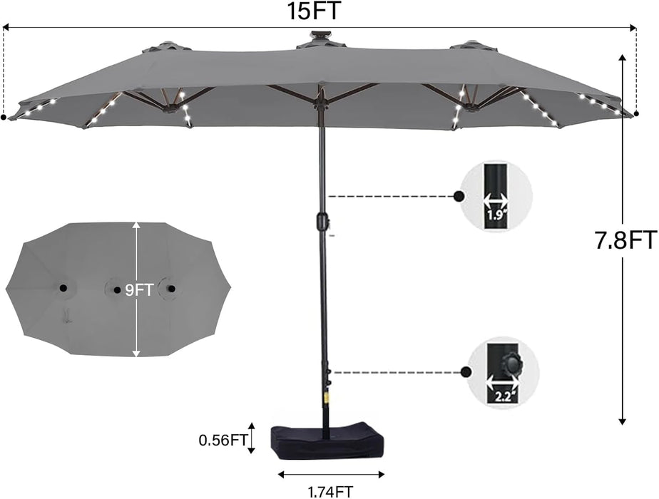 15Ft Double Sided Patio Umbrella with Solar Lights, Outdoor Large Umbrellas with Crank Handle and 36 LED Lights, Rectangular Market Umbrella with Base Included for Deck Pool Shade (With Base)
