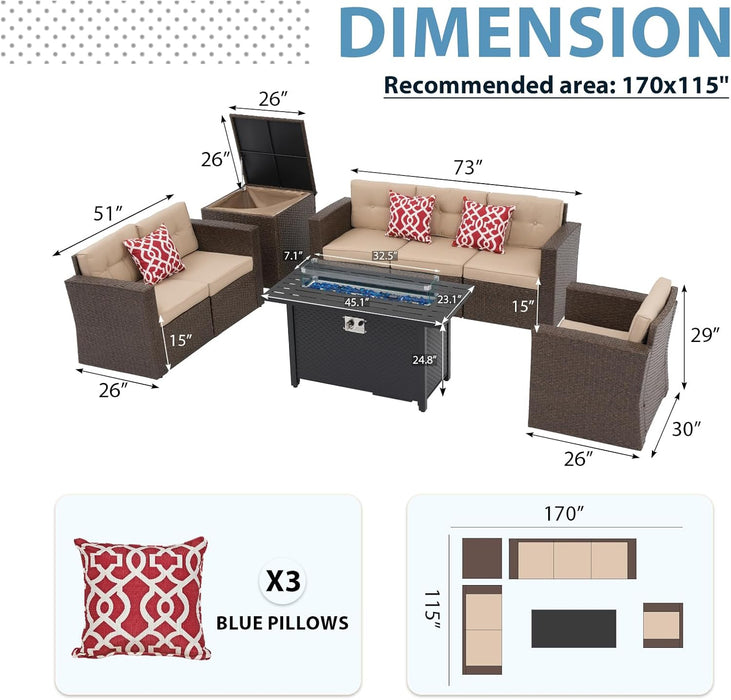 8 Pieces Rattan Patio Furniture Set with 45” Fire Pit Table, Outdoor Conversation Set with 50000 BTU Gas Fire Pit, Wicker Sectional Sofa with Storage Box and Cushions, Beige (Without Table)