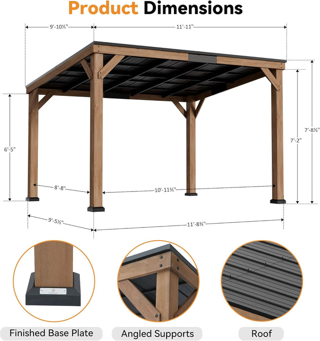 Modern Shade Supreme Cedar Wood Gazebo 10' X 12' with Hardtop Slope Roof, Wooden Carport with Durable and Rot-Resistant, Hardtop Gazebo with Supports Snow Loads and High Wind Speeds for Backyard