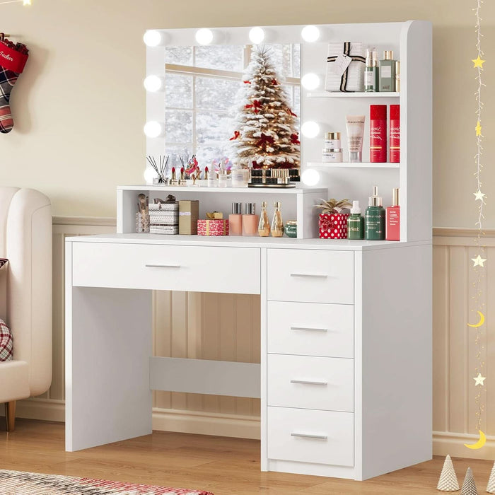 Vanity Desk with Mirror and Lights, Makeup Vanity with 5 Drawers and 3 Storage Shelves, 3 Color Modes & Adjustable Brightness Dressing Table, Vanity for Girls, White