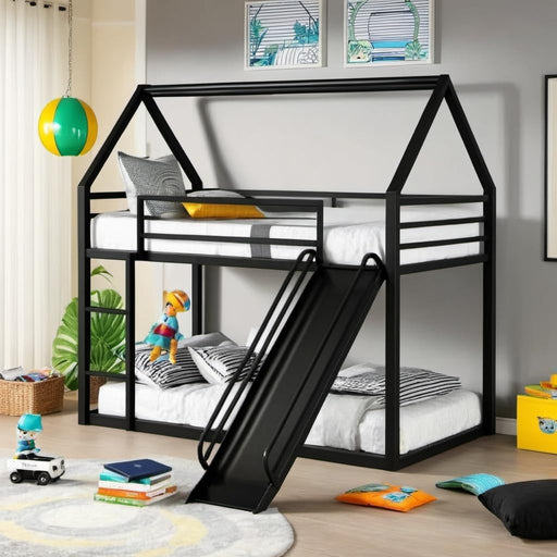 Full over Full House Bunk Bed with Slide and Roof Design & Ladder, Metal Playhouse Bedframe for Kids, Boys and Girls, Easy Assembly & No Box Spring Needed (Black)