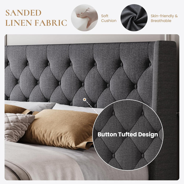 Queen Size Platform Bed Frame with Upholstered Headboard and Wingback, Button Tufted Design, Easy Assembly, No Box Spring Needed, Dark Grey
