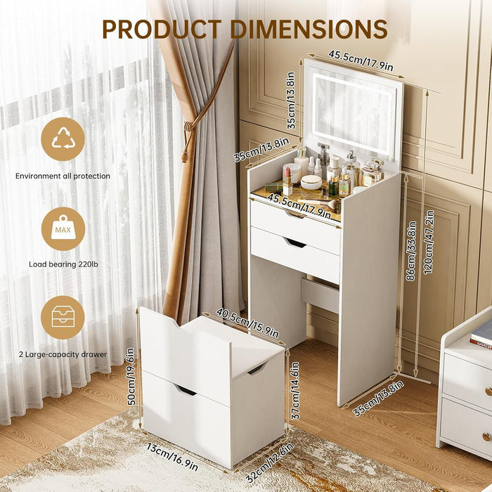 3-In-1 Vanity with Mirror and Lights, Modern Compact Vanity Table with 3 Storage Drawer, Small Makeup Vanity Desk, Dressing Table with Cushioned Stool for Bedroom, Cloakroom (Flip Vanity White)