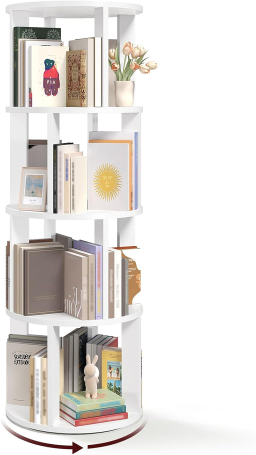 White Four Tier Rotating Bookshelf Tower Floorstanding