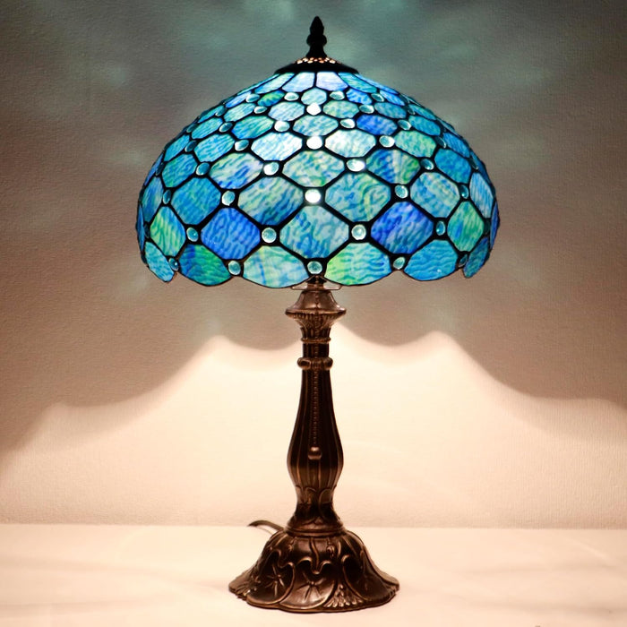 Tiffany Style Stained Glass Table Lamp Sea Blue Pearl 18.5 Inch