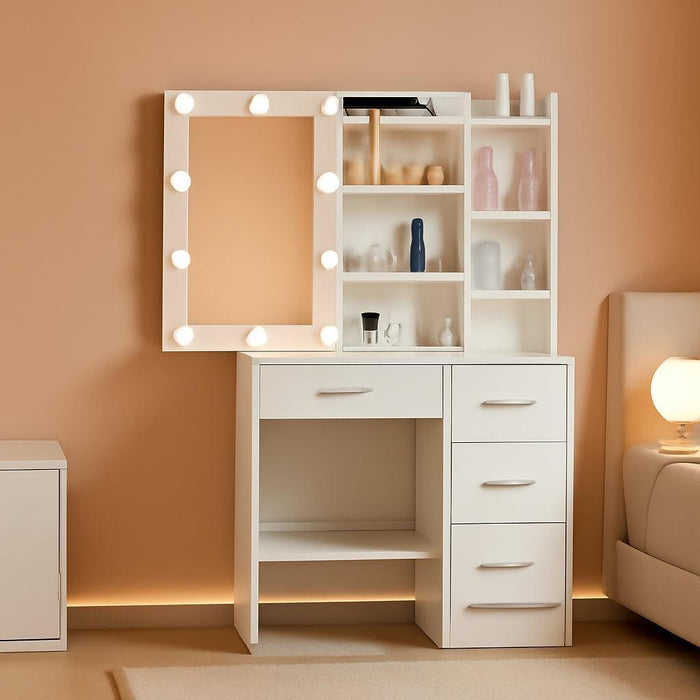 Vanity Desk with Makeup Mirror and Light, Makeup Dressing Table with 4 Drawers and Cushioned Stool for Bedroom, White Dressing Desk for Bedroom