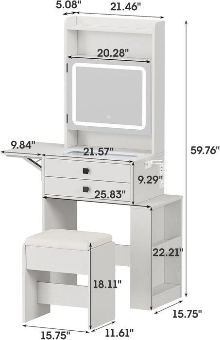 Small Makeup Vanity Desk with 3 Adjustable Lighted Mirror, White Vanity Set with Fold-Up Panel and Charging Station, Glass Top Dressing Table with Drawers and Chair, 2 Hidden Storage Shelves