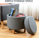 round Storage Ottoman with Tray Lid, Accent Storage Footstool W/Soft Padding, Fabric Sitting Stool W/Solid Wood Legs & Non-Slip Pads, Tray Top Coffee Table for Living Room, Bedroom (Grey)