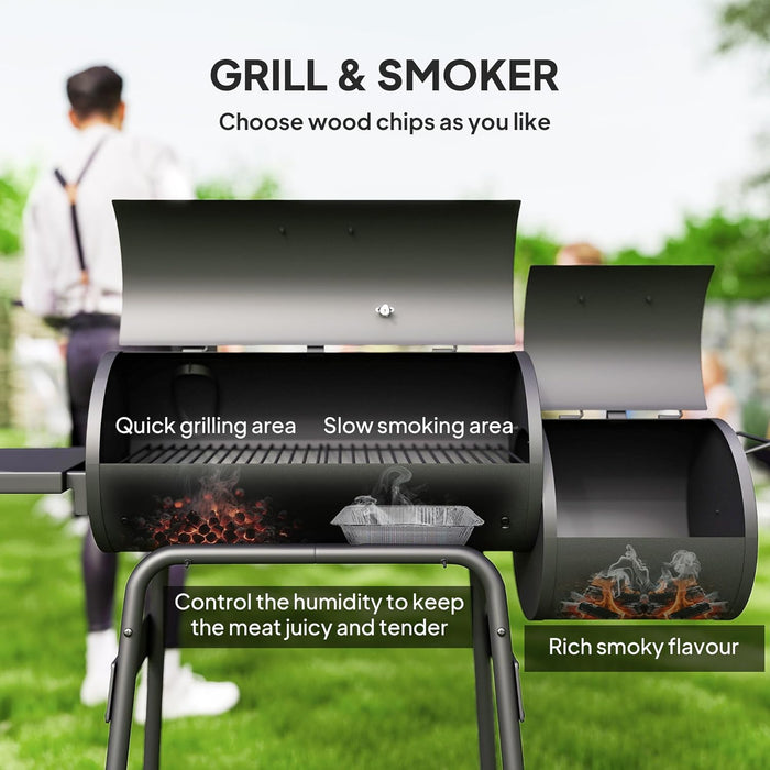 Charcoal Grill with Offset Smoker, 231 Sq.In. Cooking Area, Barrel BBQ Grill and Smoker Combo with Side Tables, Shelf, Thermometer, Wheels for Outdoor Patio Backyard Party Event Gathering
