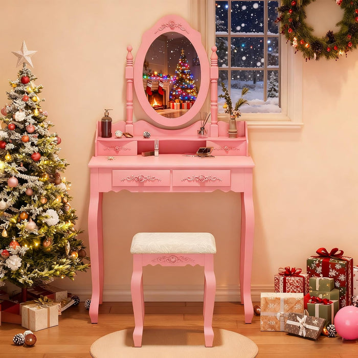 Girls Vanity Desk Set with Mirror and Cushioned Stool, 2 in 1 Pink Makeup Vanity Dressing Table with 4 Drawers for Women and Girls, Bedroom Dorm