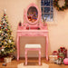 Girls Vanity Desk Set with Mirror and Cushioned Stool, 2 in 1 Pink Makeup Vanity Dressing Table with 4 Drawers for Women and Girls, Bedroom Dorm