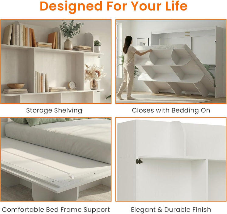 White Queen Murphy Bed With IntegratedStorageShelf