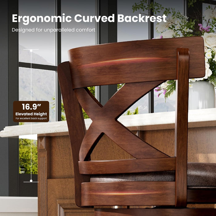 26 Inch Swivel Bar Stools Set of 3, Counter Height Bar Stools | Wooden Bar Stools, Faux Leather Kitchen Stools, Counter Height Chairs with Solid Wood Legs & Wrap-Around Footrest