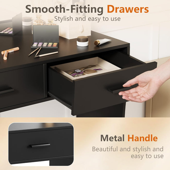 Makeup Vanity Desk with Large Lighted Mirror，35.4 Inch Makeup Vanity Table with 2 Drawers，Soft-Padded Storage Stool，3 Lighting Modes Available, Suitable for Bedrooms（Black）