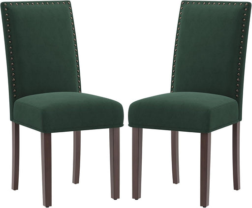 Green Velvet Dining Chairs Set of 2 – Upholstered Kitchen & Dining Room Chairs with Nailhead Trim, Soft High-Density Cushion and Solid Wood Legs for Dining Room, Kitchen, Living Room