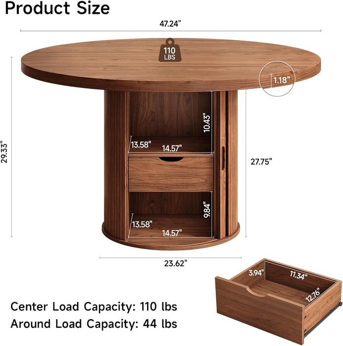 47 Inch round Dining Table for 4, Circle Kitchen Table with 2-Layer Storage Shelf and a Drawer, Modern Farmhouse Dinner Tables with Sliding Door and Wood Strip Base for Kitchen, Living Room (Walnut)