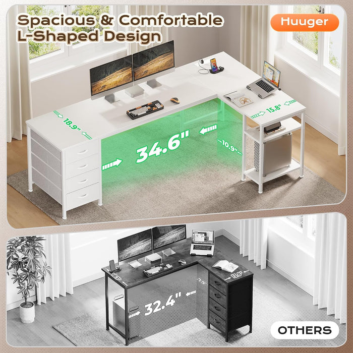 63 Inch L Shaped Desk with Fabric Drawers, Reversible Computer Gaming Desk with Power Outlets and USB-C Port, Adjustable Side Storage Shelves, for Work Study Corner Home Office, White
