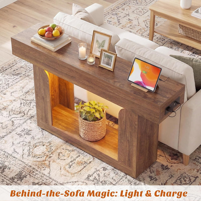Console Table, 47" Entryway Table with LED Lights & Charging Station, Farmhouse Wooden Sofa Table behind Couch, Narrow Hallway Table for Living Room, Foyer, Entry, Rustic Oak