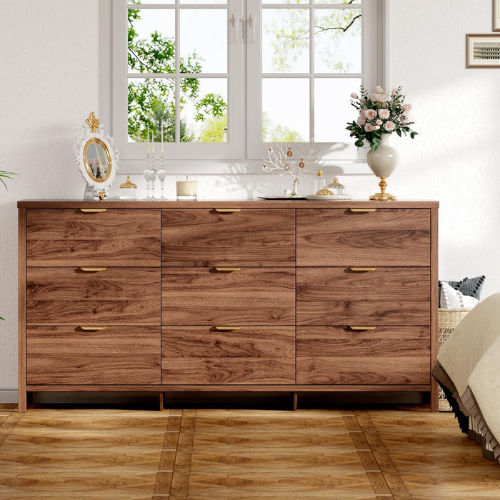 Fluted Dresser for Bedroom with 9 Drawers, 63" Modern Chest of Drawers, Dresser TV Stand, Wood Drawer Organizer for Living Room, Hallway, Chestnut
