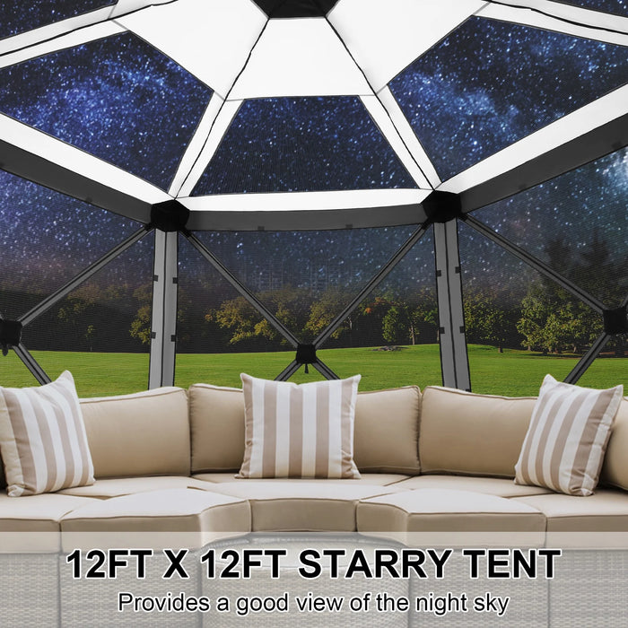 12X12Ft Camping Outdoor Gazebo, 6 Sided Pop-Up Gazebo Canopy with Mesh Windows, Portable Carry Bag, Waterproof, UV 50+, Large Shade Tents for Outdoor Camping, Backyard, Gray