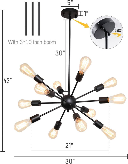 Sputnik Chandeliers Black, Modern 12-Light Farmhouse Pendant Light Mid Century Lighting Vintage Industrial Ceiling Hanging for Living Dining Room, Bedroom, Kitchen Island, Foyer