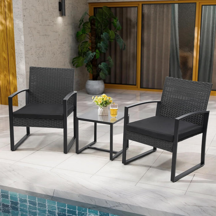 3 Piece Wicker Patio Bistro Set, Rattan Conversation Set with Coffee Table, for Balcony, Porch, Garden, Yard, Poolside, Black Frame with Black Cushion