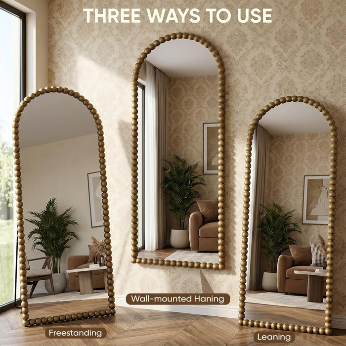 71" X 28" Arched Full Length Mirror, Antique Beaded Frame Floor Standing or Wall Mounted Mirror with Stand for Bedroom, Entryway, Bronze, Luxury Style