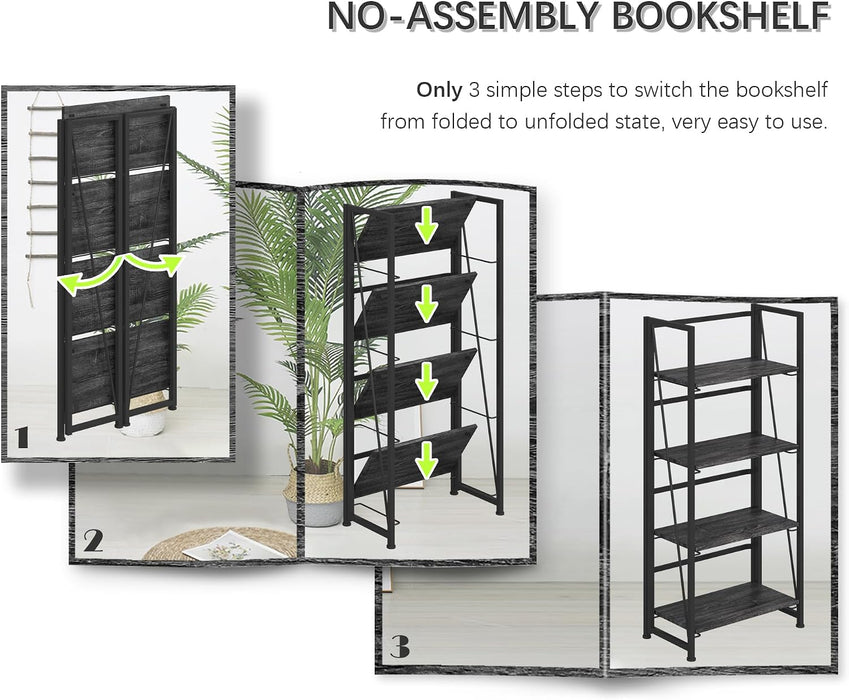 No Assembly Folding Bookshelf Storage Shelves 4 Tier Vintage Bookcase Standing Racks for Bedroom Living Room Home Office