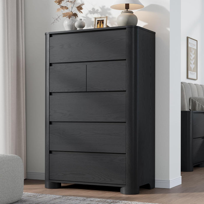 Black Dresser for Bedroom with 6 Drawers, 48" Tall Modern Chest of Drawers with Unique Thickened Foot, Rounded Corner Design, Wooden Dresser Organizer for Bedroom, Living Room, Hallway