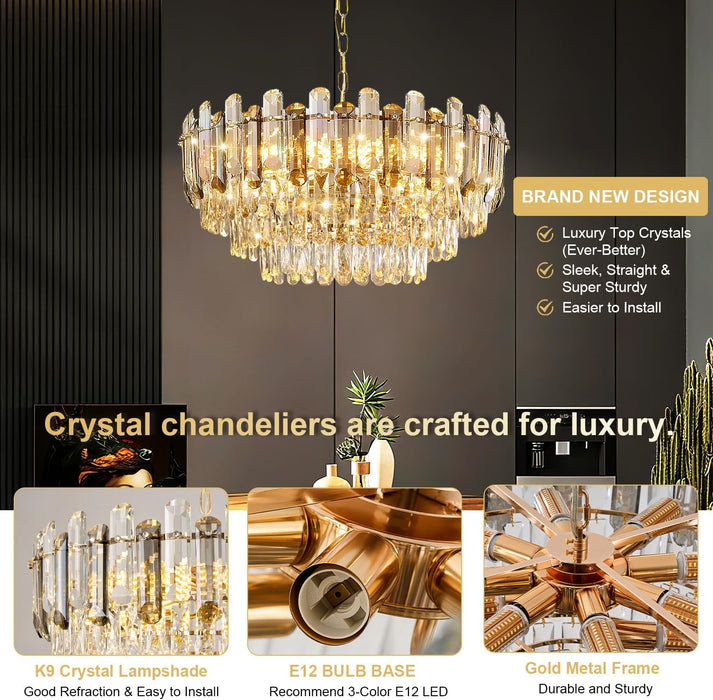 Luxurious Gold Crystal Chandelier 24 Inch Lighting
