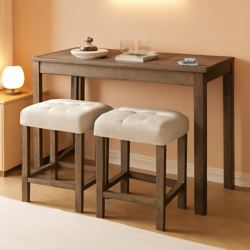 3-Piece Counter Height Bar Table Set with Socket and 2 Fabric Padded Bar Stools, Tall Kitchen Breakfast Dining Table Set with Stools (1+2 Natural)