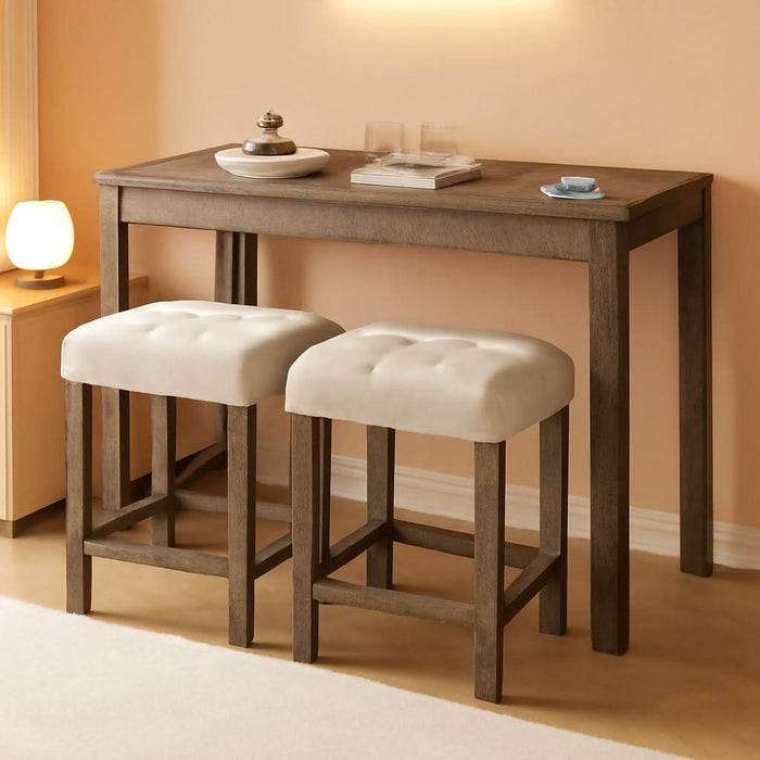 3-Piece Counter Height Bar Table Set with Socket and 2 Fabric Padded Bar Stools, Tall Kitchen Breakfast Dining Table Set with Stools (1+2 Natural)