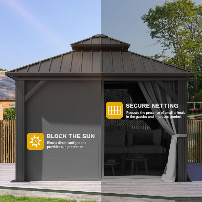 10X10Ft Hardtop Gazebo Double Roof Hardtop with Nettings and Curtains, Heavy Duty Aluminum Frame Galvanized Steel Outdoor for Patio, Backyard, Deck, Lawns, Grey