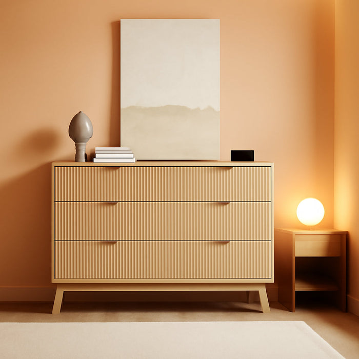 Fluted 6 Drawer Dresser,49.6'' Modern Wooden Dresser with Drawers, Curved Deep Drawer TV Stand, Natural Wood Chest of Drawers for Bedroom,Living Room, Hallway (Oak)