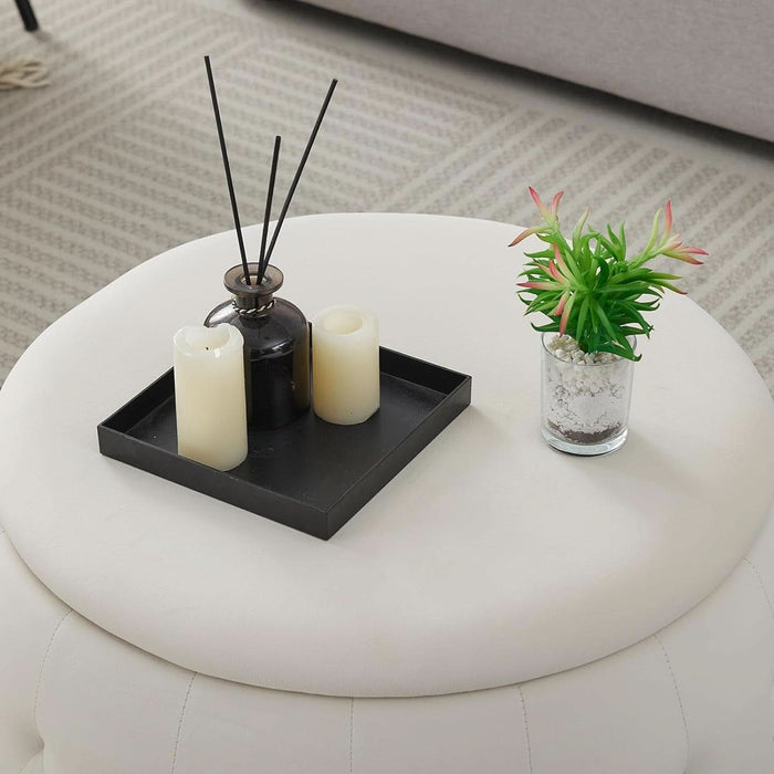 25 Inches Large round Storage Ottoman, Modern Upholstered Ottoman Coffee Table, Soft Velvet Surface, for Living Room, Bedroom, Classic Tufting, Cream